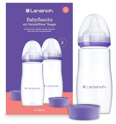 Lansinoh Biberons PP NaturalWave® 2x 330ml Allaitement mixte Repas bébé | Lot de 2 biberons 330ml et Tétine L souple débit rapide, Anti-colique, Réduit confusion sein-tétine, Dès 6 mois