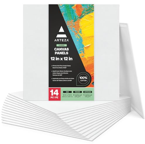 ARTEZA Square Canvas Panels, 12 x 12 in, Pack of 14, 100% Cotton Pre-Primed Canvas Boards for Acrylic, Oil, Gouache, Tempera, Pouring Paint, Crafts, and Wall Art