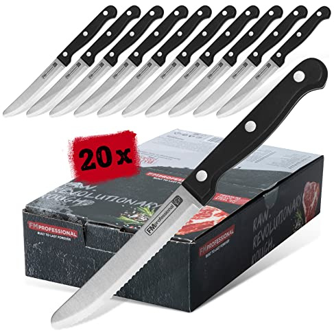 FMprofessional Steakmesser/Pizzamesser 20er-Set, Fleischmesser mit Funktionsteil aus Edelstahl, Hochwertiges Messer (Farbe: Schwarz/Silber), Menge: 20 Stück