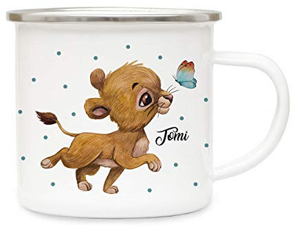 Emaillebecher Becher Tasse Camping Löwe Löwenbaby Boy Schmetterling & Wunschname Name Kaffeetasse Geschenk eb388 - ausgewählte Farbe: *bunt* ausgewählte Größe: *3. Löwenbaby Boy*