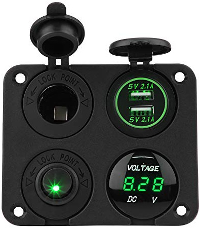Dual USB Autoladegerät Voltmeter Schalter 4 in 1 Gang EIN/AUS Kippschalter Panel Dual USB Ladegerät Zigarettenanzünder Voltmeter für Auto Boot Marine(Grün)