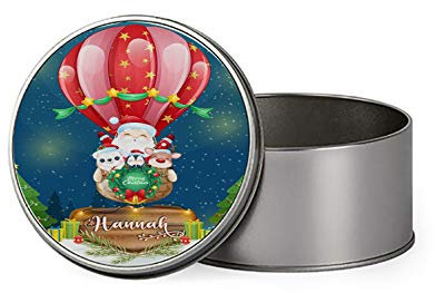 Personalised Funny Santa On Balloon inspired Merry Christmas ANY NAME Gift Present Idea Portable Metal Tin Storage Box Biscuit Chocolate Tin Emergency Stuff Tin Birthday Gift. (Round)