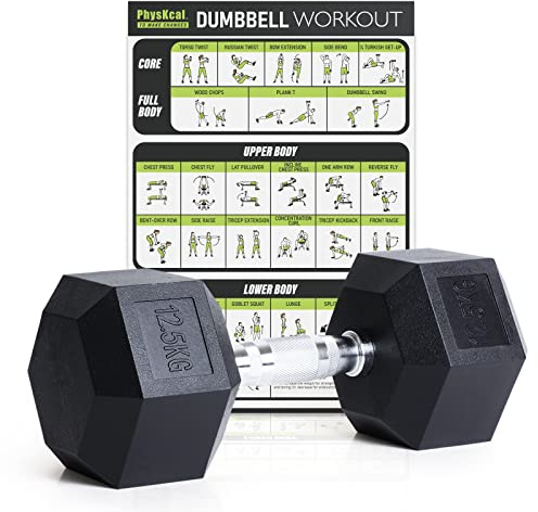 PhysKcal Poly-Gummi Sechskant-Hanteln, mit Gerändelter Griff| 2,5-30 kg | Als Paar oder Einzeln| Ideal für Cross-Training und im Fitnessstudio | Profi-Kurzhantel-Set für das Krafttraining zu Hause