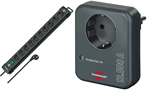 Brennenstuhl Premium-Line, Steckdosenleiste 10-Fach (mit Schalter und 3m Kabel) schwarz & Steckdosenadapter mit Überspannungsschutz 13.500 A (Adapter als Blitzschutz für Elektrogeräte) anthrazit