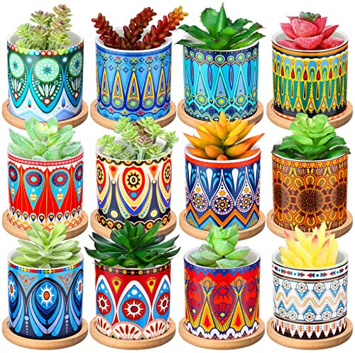 Zopeal Sukkulenten-Übertöpfe, 7,6 cm, Zylinder-Keramiktöpfe, Mandala, Mehrfarbig, Kaktus-Topf mit Ablauflöchern und Bambus-Tabletts für Zimmerpflanzen, Blumen, Kakteen, Gartendekoration, 12 Stück