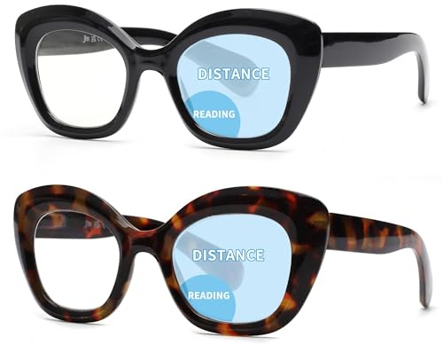 JM 2 Pack Cat-Eye Bifocal Reading Glasses for Women, Blue Light Blocking Computer Readers with Spring Hinge, Black & Tortoise +1.0