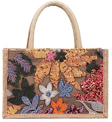 NICOLE & DORIS Jute Taschen Groß Shopper Tasche Damen Tote Leichte Einkaufstasche Faltbare Strandtasche Handtasche mit Stickerei Blume für Picknick Reisen Alltag Orange