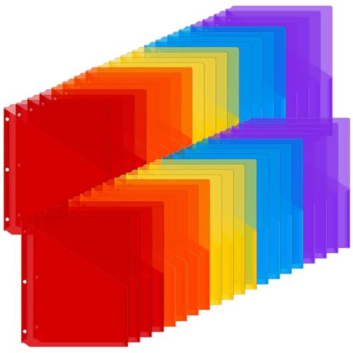 Maitys 50 Pack Binder Pockets 3 Hole Punch Clear Plastic Document Folders Binder Organizer Store Letter Size 8.5x11 Inch Paper Folders with Pockets Slash File Jacket for Office (Multicolor)