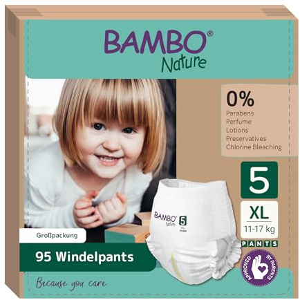 Bambo Nature Premium träningsbyxor, storlek 5 (12-18 kg), XL, 95-pack, pull-ups, miljömärkta potträning blöjbyxor, säker, bekväm, diskret för aktiv dag och bekväm nattsömn