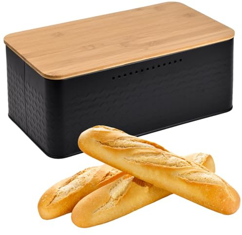 Portapane Moderno Nero, Contenitore per Panescatola Grande Capacità, Portapane in Metallo con Coperchio Bambù, 33x18x13,5cm, Scatola del Pane Freschezza di Lunga Durata per Conservazione Pane (Nero)