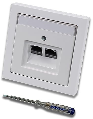Busch Jäger, Rutenbeck Unterputz Netzwerkdose Ethernet 10 Gigabit/S (10GbE) KAT6A 6A - 2x RJ45 Anschluss in Future Linear Studioweiß Rahmen + Abdeckung inkl. EBROM Phasenprüfer zur Montage des Geräts