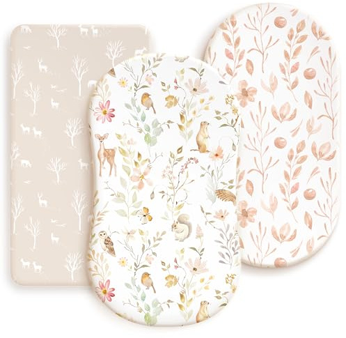 GRSSDER Dehnbare, ultraweiche Spannbettlaken für Stubenwagen, universelle Passform für Babywiege, Moseskorb, oval, rechteckig, sicher und anschmiegsam, schönes Blush Pink mit Blumenmuster, 3 Stück