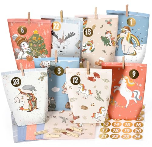 Adventskalender tüten zum Befüllen, 24 bedruckte Geschenktüten,Adventstüten zum selbst füllen, Geschenk Papiertüten mit Zahlen Aufkleber zum Selbstbefüllen, Wiederverwendbar