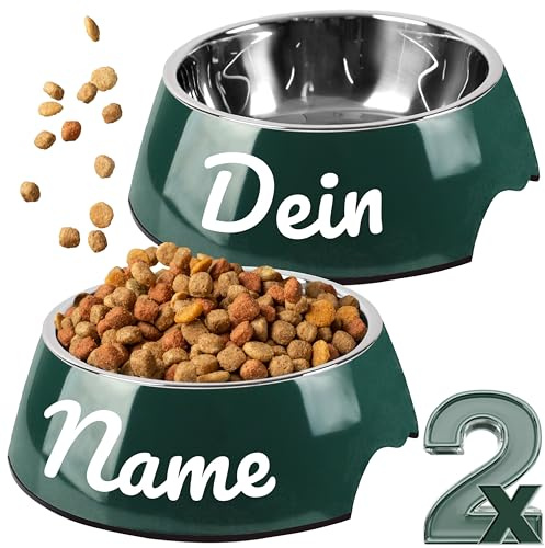 ne&no® Futternapf 2er Set für kleine Hunde und Katzen [Gr. S / 170 ml] Katzennapf mit Namen rutschfest | Futternapf Katze | Dog Bowl (S - PERSONALISIERT, Forrest Green)