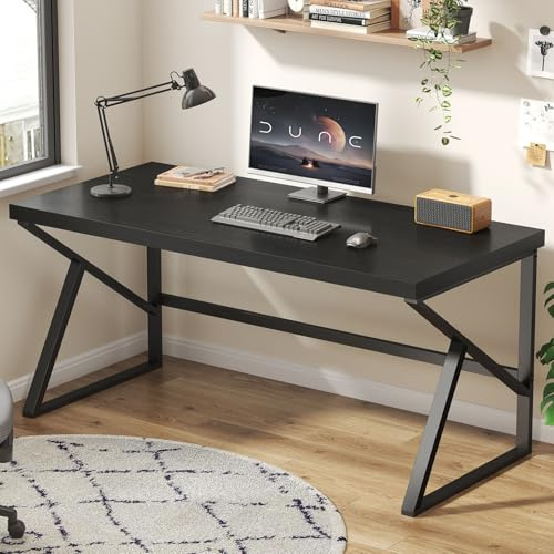 HSH Schreibtisch Langer Computertisch Laptop Großer PC Tisch aus Metall und Holz Modern Schreibtische Für Homeoffice Schlafzimmer Wohnzimmer Schwarz 150 cm