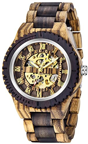 Tiong Mechanische Sportuhr aus Holz, hohles digitales Zifferblatt, Holzarmband mit leuchtenden Zeigern, mechanische Herrenuhr，Geschenke für Männer