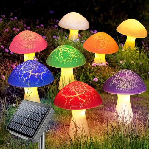 Homeleo 8 Stück Cracked Style Pilze Solarlampen für außen, Solarleuchten Deko für draußen, Solar Powered Garten Pfahl Lichter für Halloween Balkon