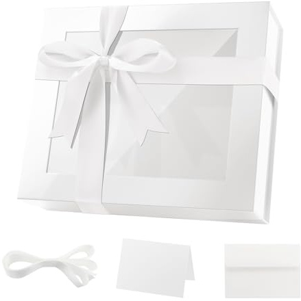 PACKQUEEN Extra große weiße Geschenkbox mit Fenster, 41 x 36 x 12 cm, transparente Geschenkbox für Geschenke, enthält Band, Karte, Brautjungfernantragsbox mit Deckel (glänzendes Weiß)