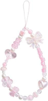 WsjiaboFux Pink Beaded Phone Charm, Phone Lanyard Mobile Pendant Hand Strap Short Rope Wrist Hand Lanyard，Cell Charms