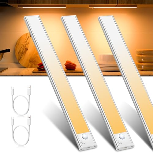 JEKEMORYE Unterbauleuchte Küche Led Schrankbeleuchtung Bewegungsmelder - Warmweiß 3 Stück 30 CM Licht USB Aufladbar Innen Batterie Aufladbar Led Schrank Leiste Lampe für Kleiderschrank Unterschrank