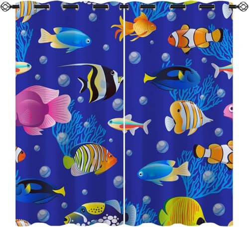 Vorhang Kinderzimmer Tiere Fische Kinder Vorhänge Mit Ösen Polyester Gardinen Thermovorhang Blickdicht Ösenschal Kindergardinen 300X280 cm (B + H) Für Wohnzimmer,2Er Set-85116893
