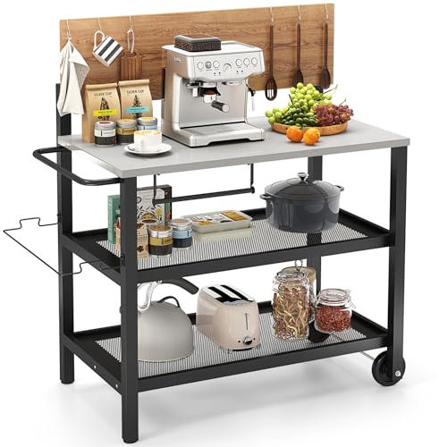 SPOTRAVEL Outdoor Grill Cart, Movable Pizza Oven Table Stand Trolley with Flip-up Table, Foldable Handle & Hooks, 4-Shelf Food Prep Worktable for Garden Backyard Patio