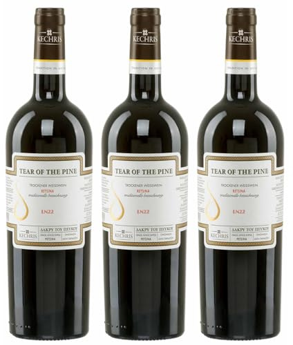 Retsina Tear of the Pine Kechri 3x 0,75l Flasche | Top 50 Wein der Welt (DECANTER 2024) | 100% Assyrtiko | Geharzter Weißwein aus Griechenland | 13% Vol. | +20ml Jassas Olivenöl