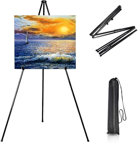 160cm Cavalletto Pittura Portatile Metallo con Borsa, Cavalletto Esposizione Regolabile Esporre Artistico, Treppiede Pieghevole Pavimento per Poster Cartello Matrimoni Interni Esterni Nero
