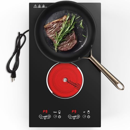 Puincunor Electric Cooktop, Built-in and Countertop 2 burner Electric Burner for Cooking, 2400W 110V stove top,11 Power Settings, Timer and Child Safety Lock, LED touch control,Overheat Protection.