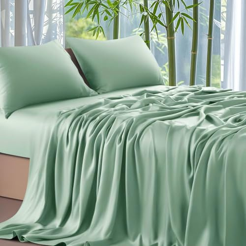 Gezu Sábana bajera ajustable de bambú Lyocell, 90 x 200 cm, color verde, verde salvia, antibacteriana, suave, sábana bajera ajustable para cama con somier, de rizo, cubrecolchón brillante, de fibra de