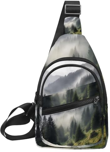 Sling Bag Backpack Crossbody Chest Bag Daypack for Hiking Travel(Misty Pine Forest on The Mountain Slope in a Nature Reserve)