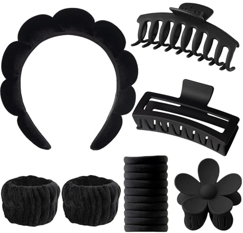 Bubble Spa Stirnband Make Up Schwamm Set für Damen | 16-teilig mit Haarband Kosmetik, Handgelenk Waschband, 3 Haarklammern & 10 Haargummis, für Gesichtsreinigung, Yoga & Sport