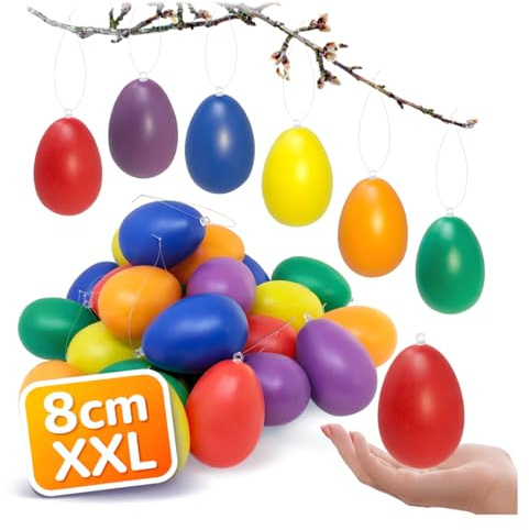 com-four® 24x Ostereier XXL zum Aufhängen 6 cm - Osterdeko in leuchtenden, kräftigen Farben - Bunte Deko-Eier mit Aufhänger - Kunststoff-Eier für innen und außen