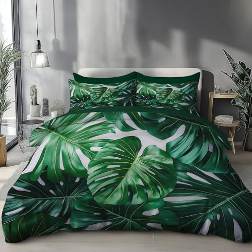 WunM Studio Foglie di Monstera verde Da Letto 3 Pezzi Con Cerniera E Federe,Stampa 3D Piante tropicali Copripiumino,Biancheria Da Letto in Microfibra Per Bambini E Adulti 240 * 260cm