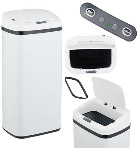 Relaxdays Cestino Automatico Spazzatura, Pattumiera da Cucina da 40 L, Sensore Elettrico su Coperchio e Anello per Buste, Acciaio, Plastica