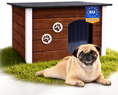 Outentin Hundehütte Outdoor Winterfest - Hundehaus für Mittelgroße Hund - Isoliert und Wetterfest - Hunde Haus für Draußen mit zum Öffnen Flachdach - Stabile und Moderne Villa - 76 x 60 x 60cm -Nuss