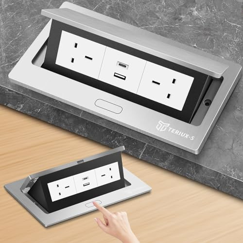 Desktop Power Socket with USB C, Pop Up Electrical Outlet Cover Box, Recessed Aluminum Power Strip with 2 UK Plug, Hidden Pop Up Desk Sockets for Kitchen Worktops, Office, Conference Table (silver)