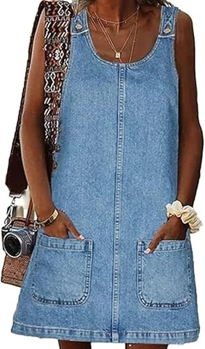 MINTLIMIT Women's Sleeveless Overall Denim Dress Crewneck 2025 Vintage Loose Casual Jean Dress with Pockets Light Blue