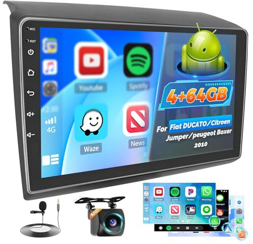 Roinvou 4+64G Autoradio Android für Fiat Ducato/Citroën Jumper/Peugeot Boxer 2011-2022 Wireless Carplay Android Auto, Touchscreen Radio 9'' Bildschirm WIFI GPS Bluetooth 32EQ FM/RDS SWC Rückfahrkamera