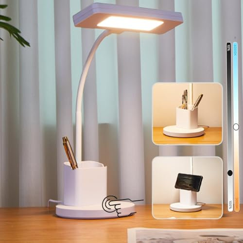 LOGT Lampada da Tavolo per Bambini Lampada da Scrivania a LED con Interruttore a Sfioramento e Portapenne Lampada da Lettura 3 Colori e 5 Livelli di Luminosità Lampada Dimmerabile 2000mAh Ricaricabile