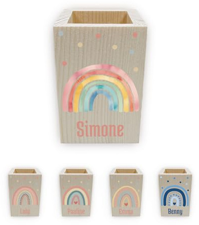 Generisch FeierZwerge - Individueller Stiftehalter Kinder aus Holz - Personalisierter Schreibtisch-Organizer Kinder mit Namen - Perfektes Einschulung Geschenk Geburtstag - Regenbogen Motiv (Bunt)