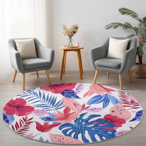 Pink Blue Round Rug Not Easy to Fade Easy Care, Plants Cartoons Monstera Short Pile Floor Carpet for Living Room Study Dorm Decor, ø 120 cm Rugs Non Slip Machine Washable Soft Flannel Mat