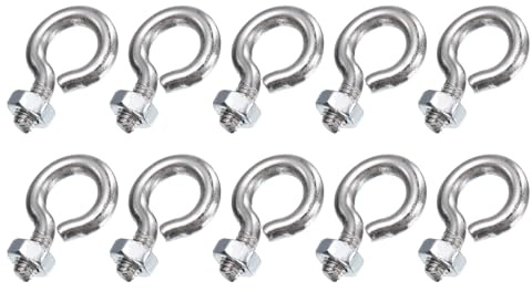 sourcing map Paquete de 10 pernos de ojo, M4 x 8 mm, acero inoxidable 304 roscado, ganchos plateados con tuerca para colgar o asegurar cables
