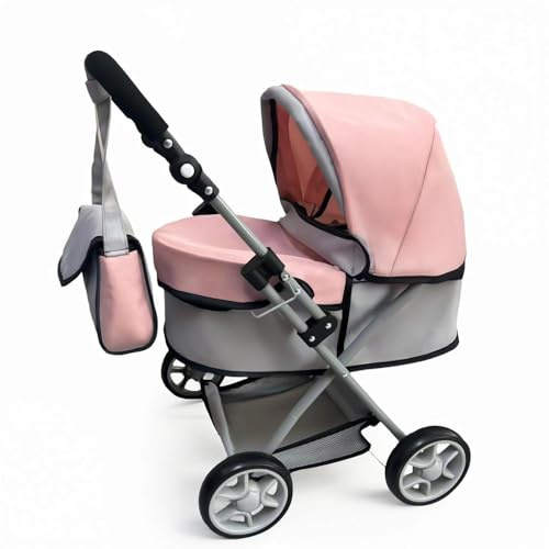 Anano Baby Doll Stroller & Pram – Adjustable Hood Pushchair - Lightweight Foldable Baby Doll Bassinet Stroller for Dolls up to 55cm (22) - Includes Storage Basket & Shoulder Bag - Gift for Girls 3+