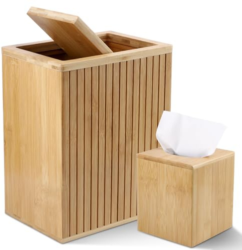 BSSN Bamboo Waste Basket and Tissue Holder,3 Gal Decorative Bathroom Recycling Trash Can, Farmhouse Rustic Trash Bin Tissue Box Cover Square Cube, for Bathroom, Bedroom, Dinner Table, Office, Kitchen