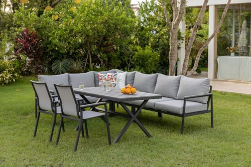 Gardissimo Jolie Dining Eck Lounge Set, Anthrazit, 9 Personen | Ecksofa, Esstisch, 2 Sessel, Kissen inklusive, Wetterfest, Bezüge waschbar, Aluminium-Nonwood