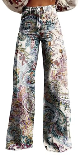 Pantalones Vaqueros Holgados Palazzo para Mujer Cintura Alta Vaqueros de Pierna Ancha Pierna Recta Dril Pantalones Elástico y Cómodos Impresión Y2K Boyfriend Baggy Jeans Pantalón Vintage