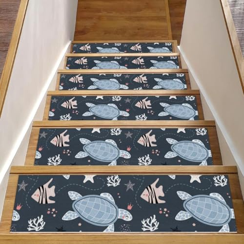 RODAILYCAY Paquete de 15 alfombras para peldaños de escalera de 76 x 20 cm para peldaños de madera para interiores, antideslizantes, con patrón de tortugas y peces, tapete Staicase para niños