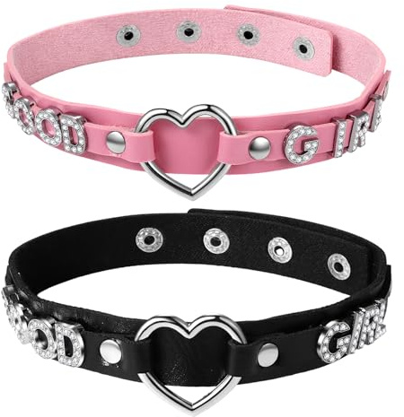 Cupimatch Leder Choker Halsband Damen mit Herz: Schwarz Rosa Punk Halskette Verstellbar Good Girl Strass Buchstaben Gothic Y2K Halsreif für Festival Party Halloween Alltäglich