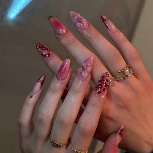 Press On Nails Long Stiletto 3D Blush Pink Lily Fake Nails Holographic Anti-Shatter